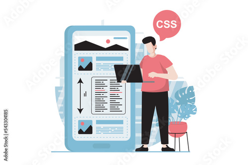 Web development concept with people scene in flat design. Man developing app and writing code, creating layout, using scripts and optimizes. Vector illustration with character situation for web