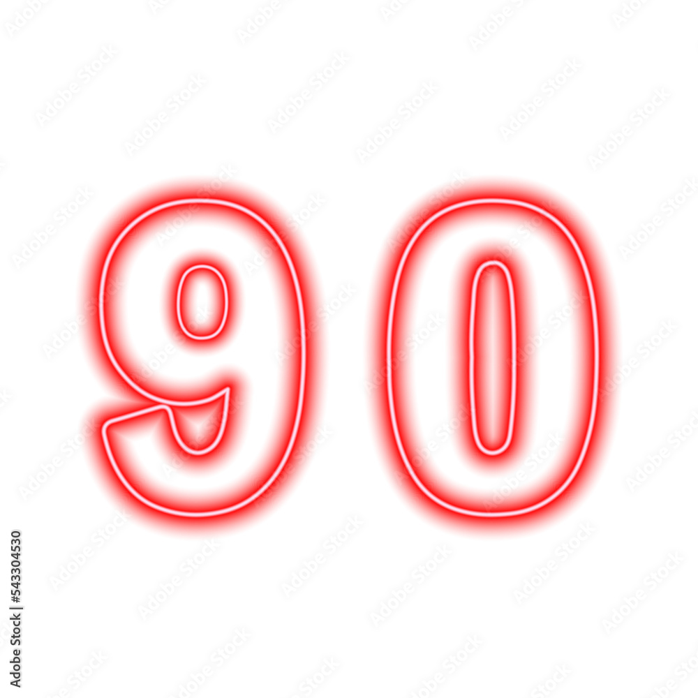 Neon red number 90 isolated on white. Serial number, price, place Neon red number 90 isolated on white. Serial number, price, place