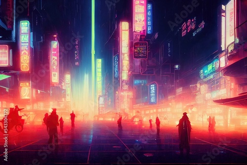 Futuristic cyberpunk city. Concept sci fi downtown at night with skyscraper  highway and billboards. 3D illustration. 