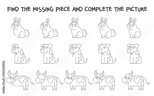 Find the missing piece and complete the picture. Learning for toddlers, preschool, kindergarten. Education developing worksheet. Activity coloring page. Game for kids. Isolated vector illustration