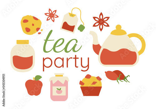 Collection Tea Party - food and drink. Muffins, tea, jam. Rosehip and apple. Vector illustration