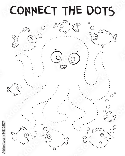 Connect the dots and draw cute cartoon octopus. Dot to dot. Draw a line. Handwriting practice. Learning numbers for kids. Education developing worksheet. Game for toddler. Isolated vector illustration