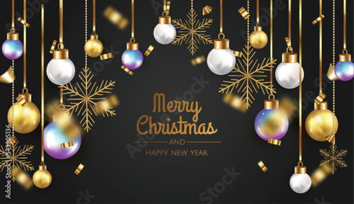 Christmas banner. Xmas background design with realistic christmas ball, gift and christmas tree.