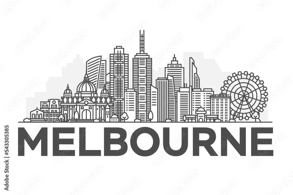 Fototapeta premium Melbourne, Australia architecture line skyline illustration. Linear vector cityscape with famous landmarks, city sights, design icons. Landscape with editable strokes.