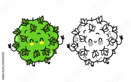 Funny cute happy marijuana weed characters bundle set. Vector hand drawn cartoon kawaii character illustration icon. Cute marijuana weed. Outline cartoon illustration for coloring book