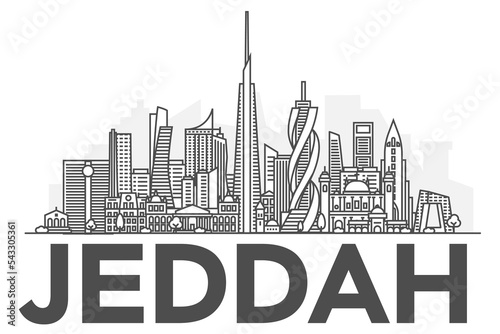 Jeddah, Saudi Arabia architecture line skyline illustration. Linear vector cityscape with famous landmarks, city sights, design icons. Landscape with editable strokes.