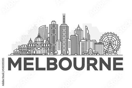 Melbourne, Australia architecture line skyline illustration. Linear vector cityscape with famous landmarks, city sights, design icons. Landscape with editable strokes.