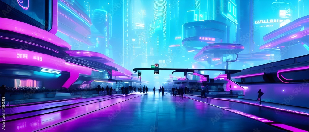 3D render of A futuristic purple neon racing car sits on a wet garage  surface with bright blue neon stripes. Fantastic scene in cyberpunk style.  3D illustration Stock Illustration