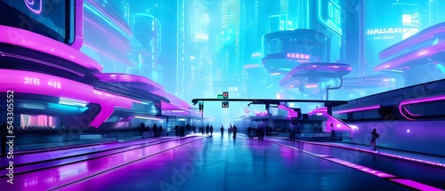 Cyberpunk 3D illustration of abstract futuristic cityscape. Blue purple neon lights. City of the future at bright multicolored neon night. Neon Haze. Night urban landscape.