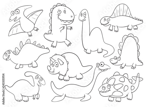 Set of cute dinosaurs. Black and white cartoon characters. Funny vector illustration. Isolated on white background. Coloring book