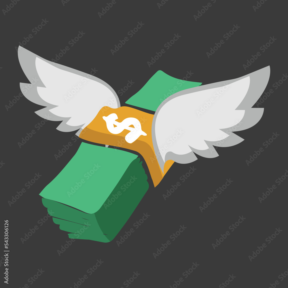 Money with Wings vector flat emoji icon design. Isolated banded stack
