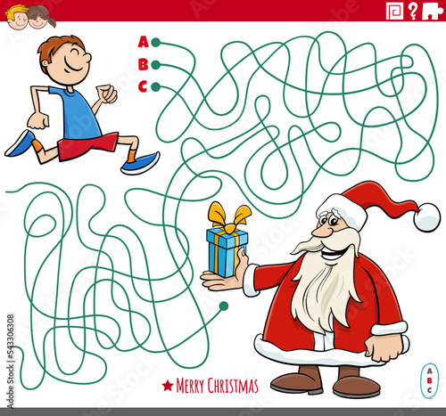 maze with cartoon Santa Claus with present and little boy