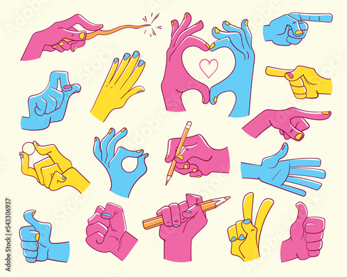 Various gestures of differently colored hands. Set of cartoon vector illustrations. Isolated on white background. Seamless pattern