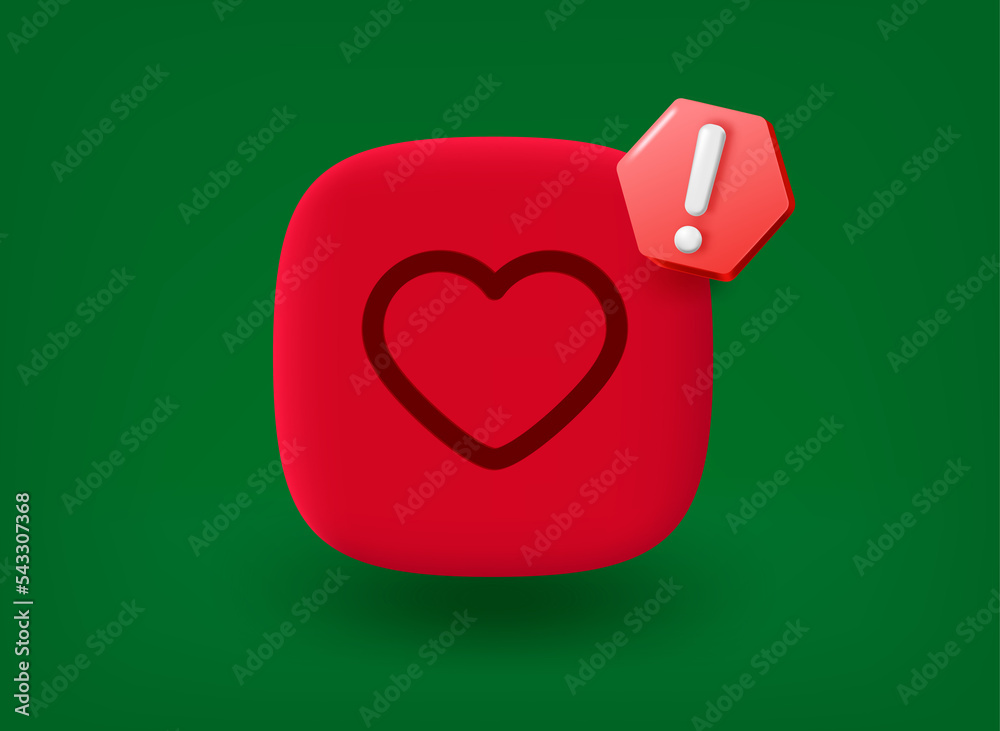 Red button with heart icon and notice pictogram. 3d vector illustration ...
