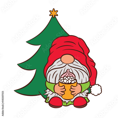 Cute gnome Christmas vector illustration. Funny nordic gnome standing under the Christmas tree with coffee mug. Hot drink cocoa and marshmallows cozy holiday concept.