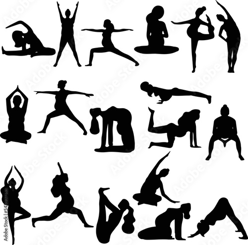 Set of pregnant women practicing yoga