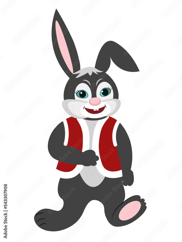 A black rabbit in a red vest. Christmas rabbit. 2023 hour of the black rabbit. Eastern calendar. Merry Christmas and Happy New Year.