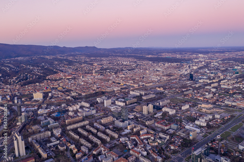 Zagreb Cityscape and Mountains in Background. Croatia. Beautiful Evening Sunset Light