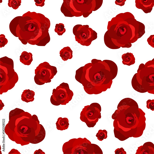 Vector seamless floral pattern with red roses on white background.