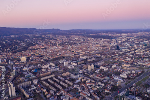 Zagreb Cityscape and Mountains in Background. Croatia. Beautiful Evening Sunset Light