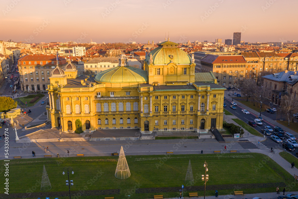 CROATIA, ZAGREB - DECEMBER 30, 2019: Croatian National Theater in Zagreb. Sightseeing Object and Very Popular among Tourists. Baroque Style Building. Sunset Light.