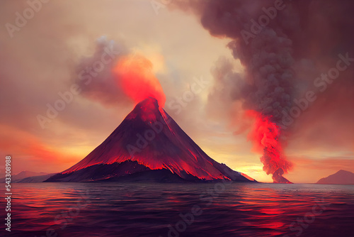 Massive Volcano Eruption. A large volcano erupting hot lava and gases into the atmosphere. 3D Illustration. © Galina