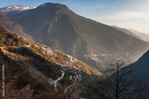 Zhangmu, town on China National Highway 318 (G318). It is the longest Chinese Highway with 5,476 kilometers (3,403 miles). It runs from Shanghai to Zhangmu (China-Nepal border) photo