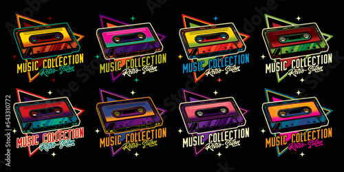 An original vector collection in a vintage style. Original vector emblem in retro style. Vintage music cassette with magnetic tape.