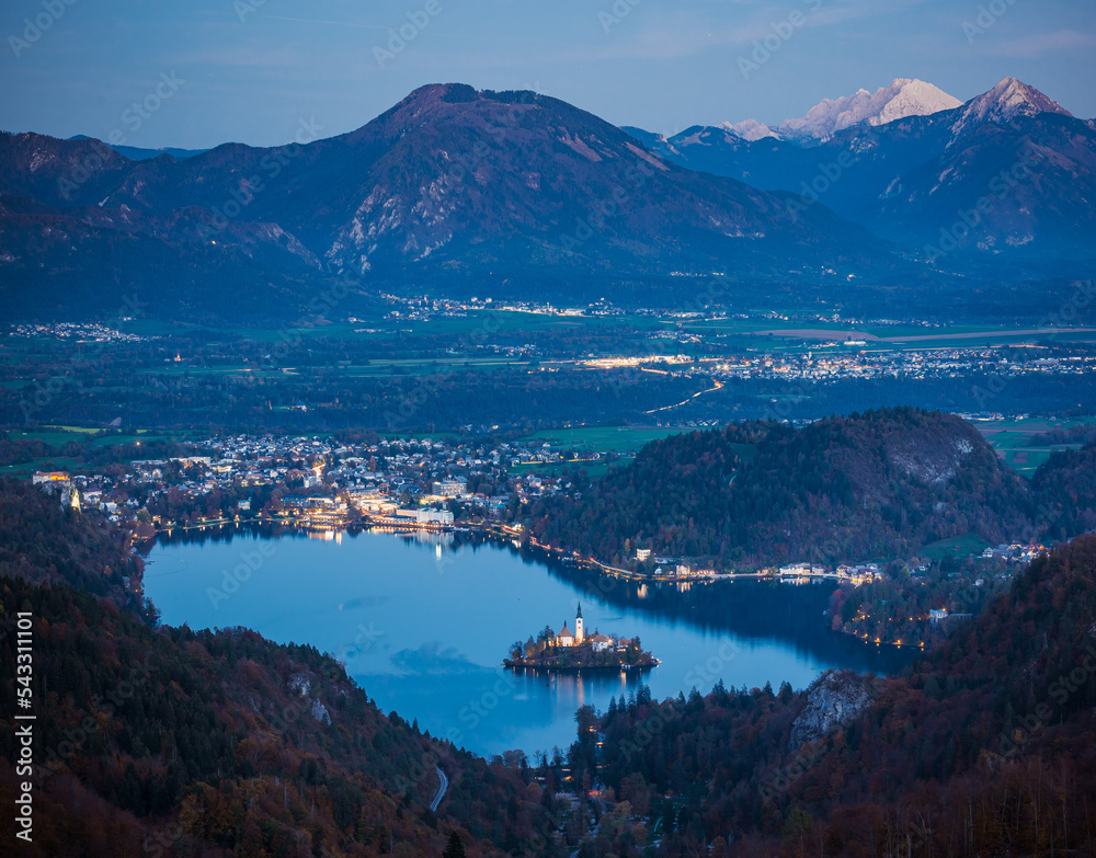 aerial view over the Bled lake in Slovenia