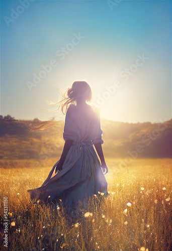 Woman walking in blooming f...