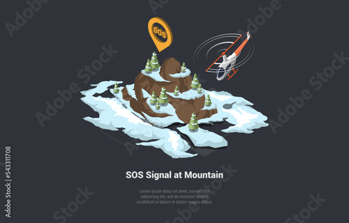 Concept Of Rescue Operation, Signal for Emergency Services. Helicopter Rushes to the Rescue on an Incoming SOS signal From Alpinists in a Mountainous Area. Isometric 3d Cartoon Vector Illustration