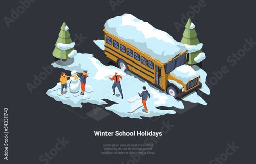 Concept Of Winter Holidays, Family Christmas Vacations. Students Boys And Girls Play Snowballs. Characters Play With Snow Near School Bus, Having Lots Of Fun. Isometric 3D Cartoon Vector Illustration