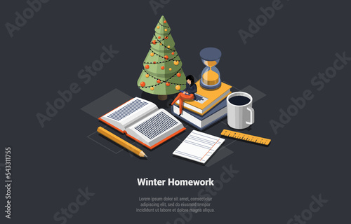 Concept Of Education In Winter Holidays. Student Girl Doing Her Homework Sitting On Stack Of Books Near Christmas Tree, Cup Of Coffee, Pencil And Hourglass. Isometric 3D Cartoon Vector Illustration