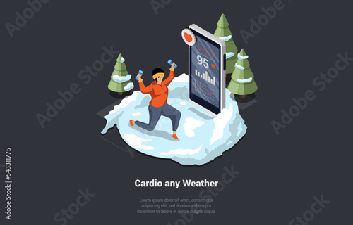 Healthy Lifestyle Concept. Woman Doing Exercises With Dumbbells, Working Out Outdoors In Winter. Female Character Girl With Street Workout Equipment, Stretching Body. Isometric 3D Vector Illustration
