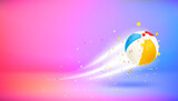 Glowing beach ball with confetti. 3d vector banner with copy space