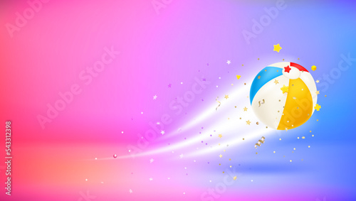 Glowing beach ball with confetti. 3d vector banner with copy space