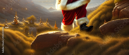 Smiling Santa Claus in a landscape with a golden pine tree, St. Nicholas with white beard on Christmas Day