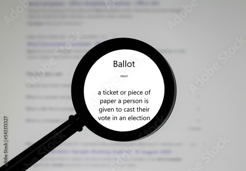 Selective focus on word ballot, word in a dictionary. Close up of an English dictionary page with word ballot.