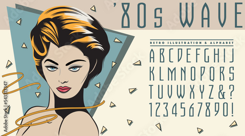 A retro-styled 1980s graphic of a fashionable woman with a paired alphabet in a similar eighties vibe.