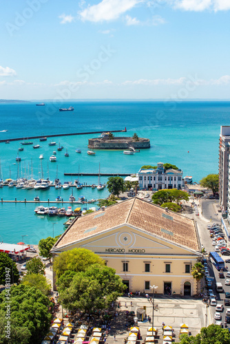 Fototapeta Naklejka Na Ścianę i Meble -  Salvador Brazil city skyline view with model market, Todos os Santos Bay. blue sea in sunny day