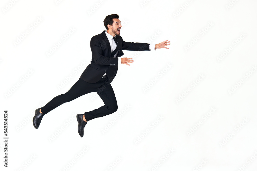 Man business smile with teeth in costume running and jumping up open mouth happiness and surprise full-length on white isolated background copy place 