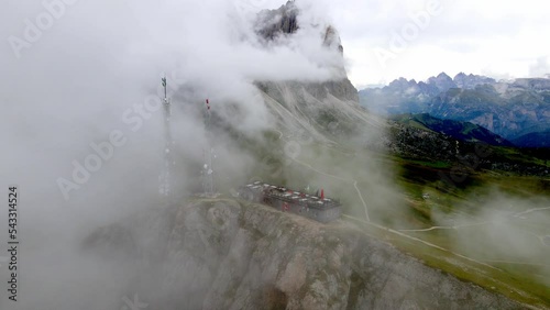Aerial views of the cable car station Col Rodella and the Val Gardena mountains. photo