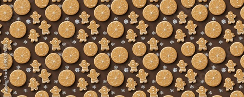 Seamless pattern with mr cookie gingerbread and orange shaped cookie.Brown Christmas backdrop. Christmas banner wallpaper or pattern for wrapping paper. Xmas cookie texture