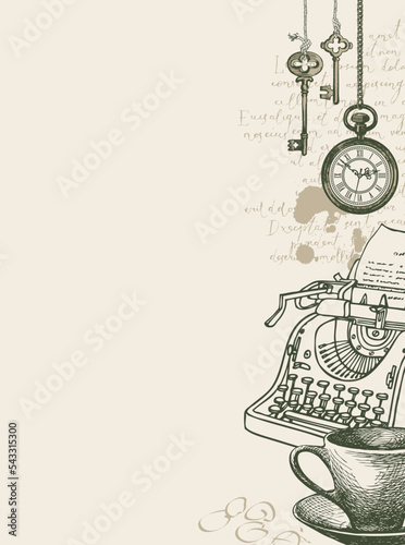 Vector banner on writers theme with sketches and place for text. Writer workspace. Vintage illustration with hand-drawn typewriter, cup of coffee, vintage clock, keys and unreadable handwritten notes photo