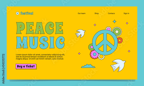 A colourful landing page template in the 1970s, 1960s style. A hippy outlined illustration with peace sign, dove, flowers and clouds.