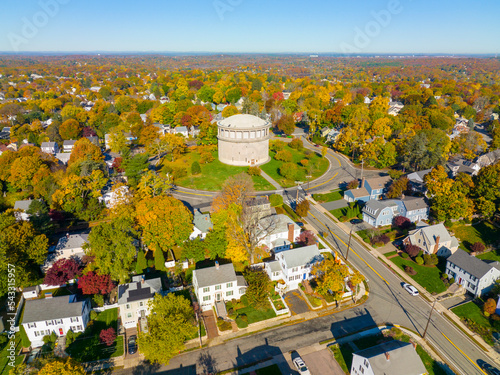 Arlington Reservoir aerial view in fall on Park Circle in town of Arlington, Massachusetts MA, USA. This water tower was built in 1920 with Classical Revival style.  photo