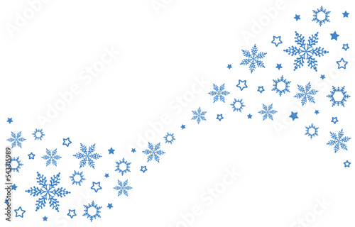 Winter decorative background with snowflakes, waves, snow, stars. Christmas decorative pattern. Beautiful blue falling and flying snowflakes on a white background. Isolated silhouette. Vector 