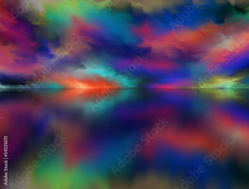 Magical world. Landscape of surreal clouds over lake and refllections. art, creativity and imagination. 3d illustration