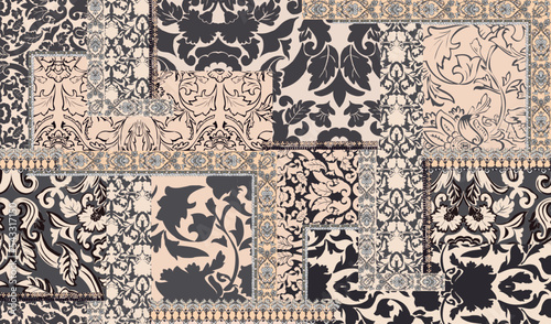 patchwork floral pattern with paisley and indian flower motifs. damask style pattern for textil and decoration