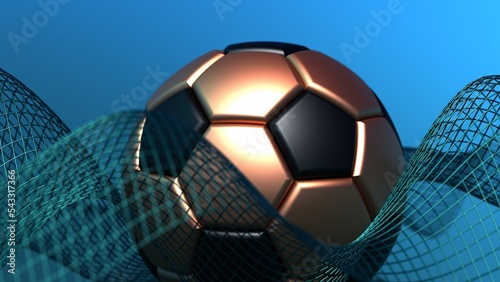 Black-bronze soccer ball with blue mathematical geometric grid line wave under blue background. Concept 3D CG of sports technology  strategic ideas and intellectual analysis of operations.